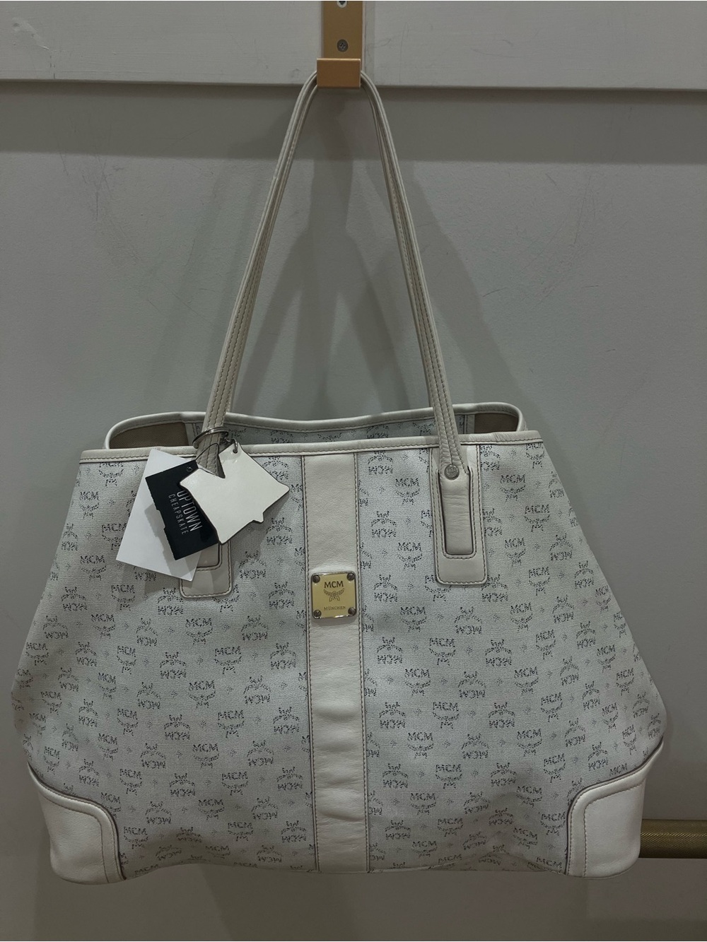 MCM Cream White Monogram Tote with Gold Plaque